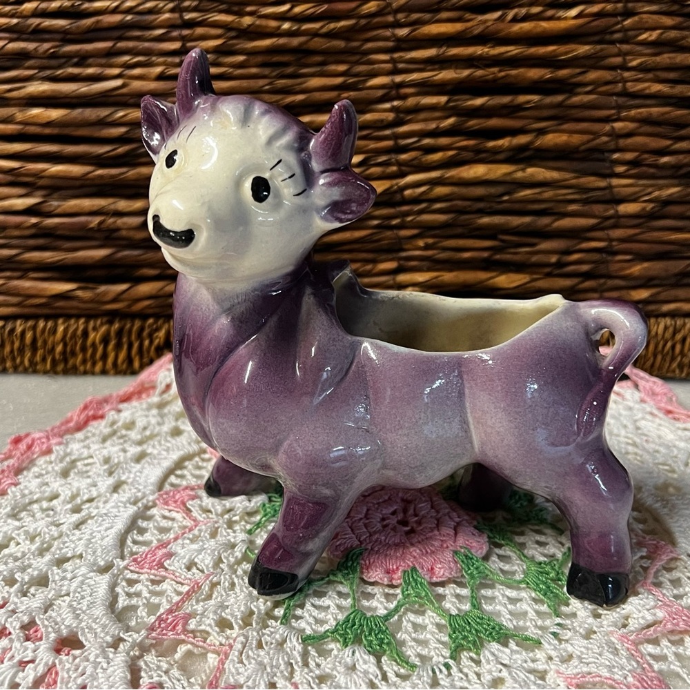 Vintage Ceramic Purple Bull Cow Figurine Small Planter